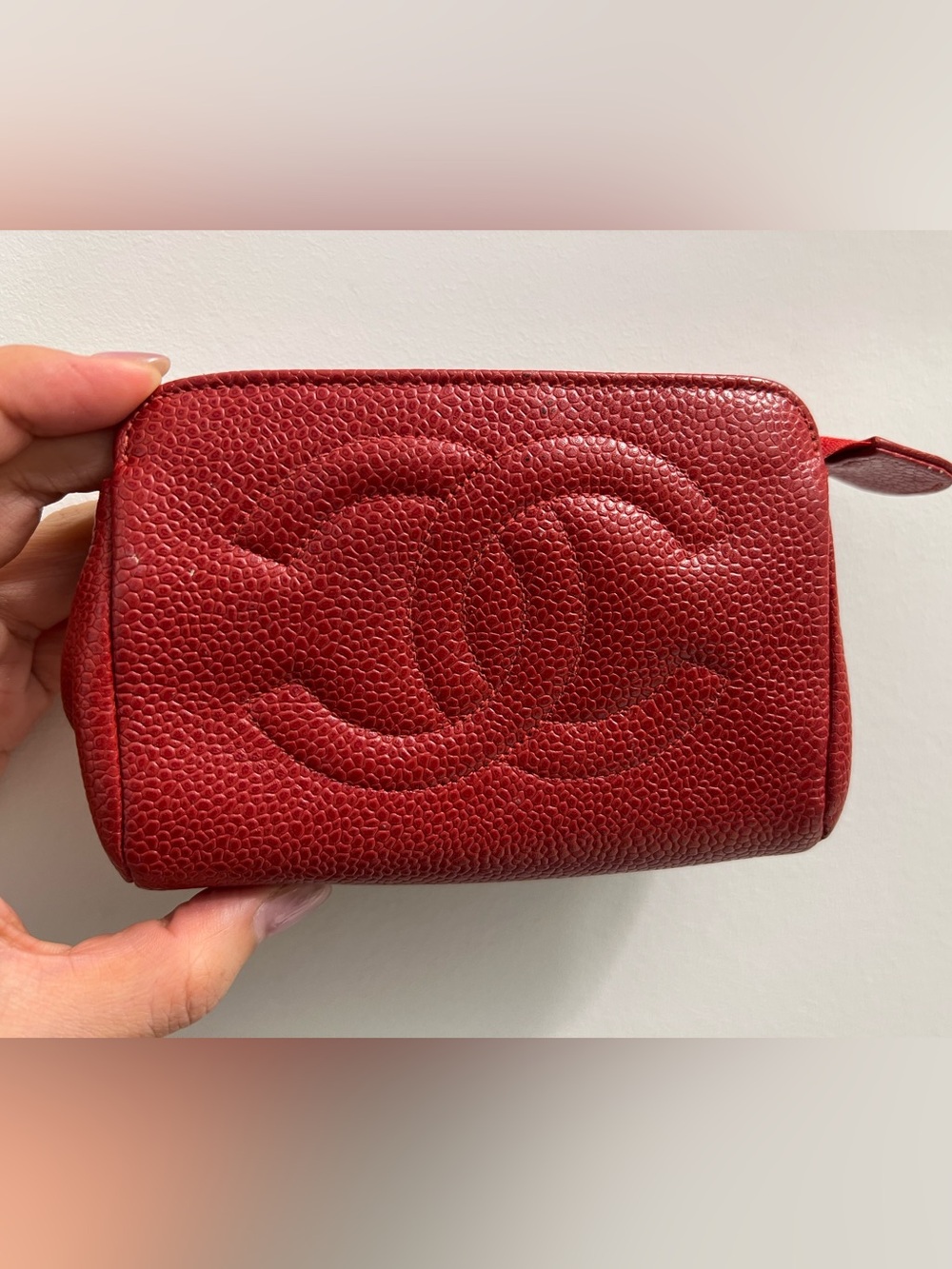 CHANEL Red Quilted Caviar Leather Wallet with CC Logo